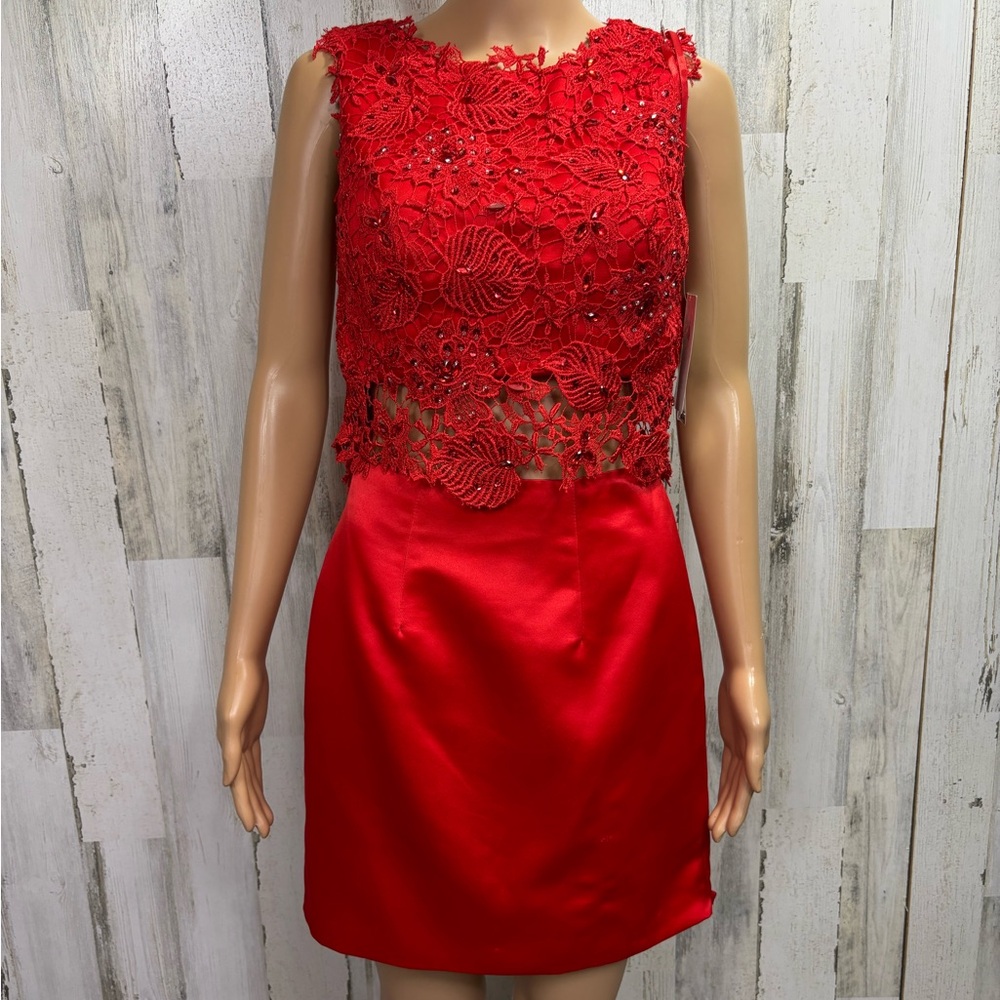 Val Stefani Red Lace Sleeveless Top and Satin Mini Skirt